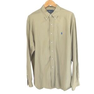 Ralph Lauren Classic Fit Khaki Linen/Silk Long Sleeve Shirt Blue Pony Mens XL